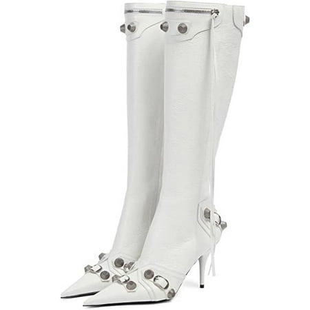 

Women s Stiletto High Heel Knee High Boots with Tassel Pointy Toe Studded Zipper Booties Dress Shoes