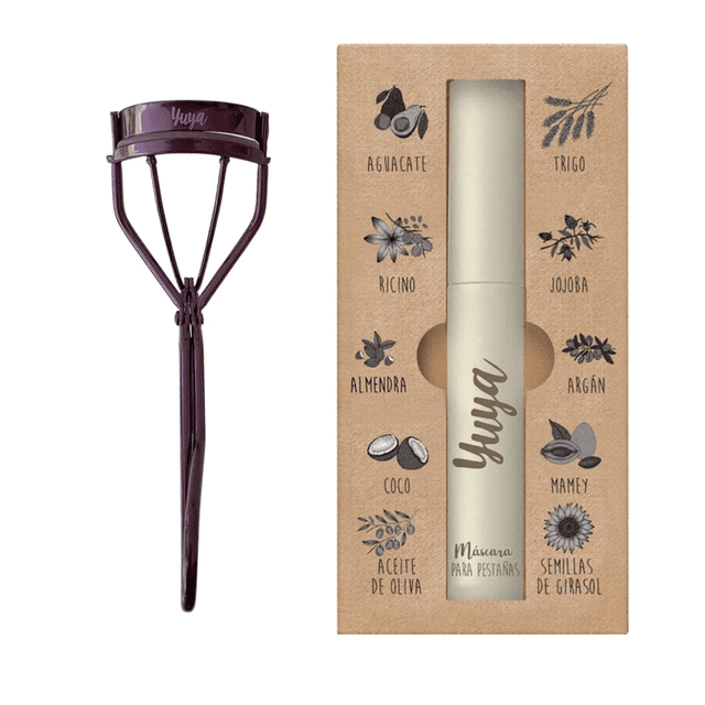 Rimel Yuya 10 Aceites Negro Waterproof Alargador Voluminizador + Enchinador De Pestañas Borgoña 3 Repuestos De Silicón Borgoña