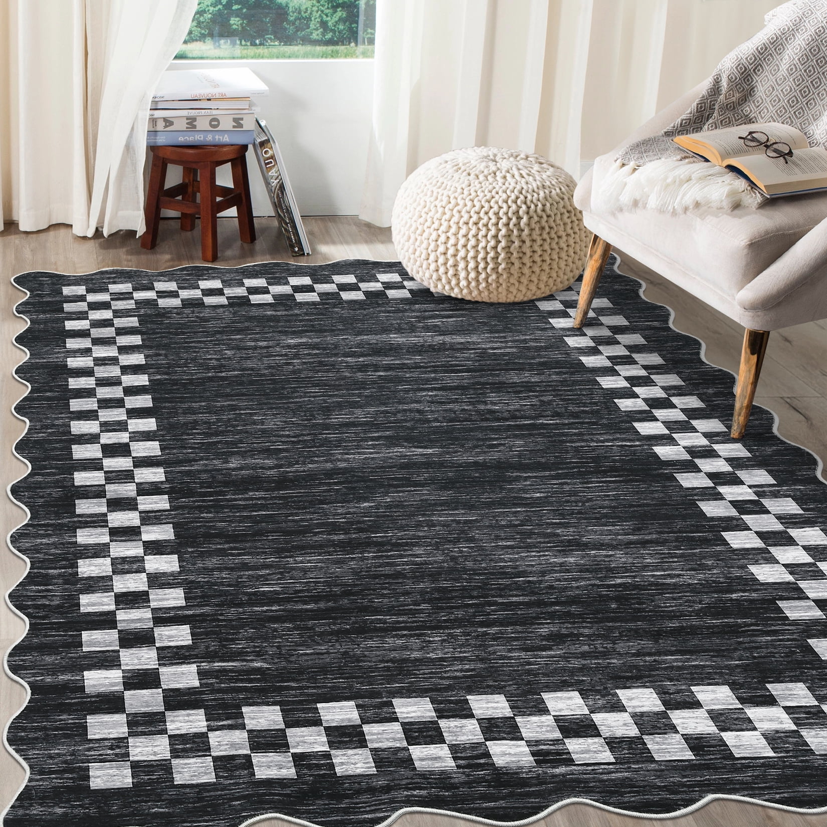 HOMERRY Large Scalloped Border Plaid Non-Shedding Area Rug 9' x 12' for Living Room Washable Indoor Carpet, Gray/Black