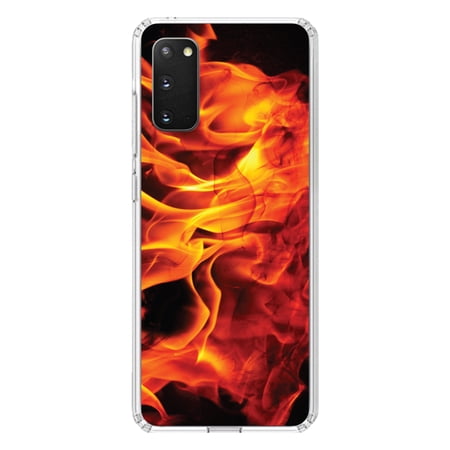 DistinctInk Clear Shockproof Hybrid Case for Galaxy S20 PLUS / 5G (6.7 Screen) - TPU Bumper Acrylic Back Tempered Glass Screen Protector - Red Black Flame Fire - Printed Image of Fire