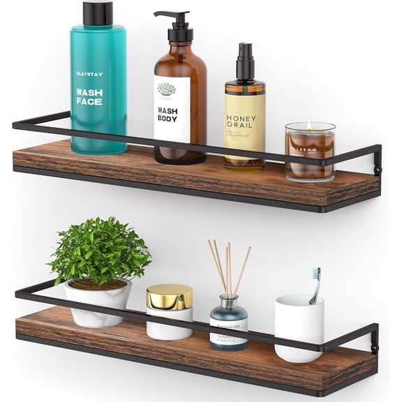Floating Shelves Wall Mounted Set of 2, Rustic Wood Wall Storage Shelves for Bedroom,Living Room,Bathroom, Kitchen Rustic Brown