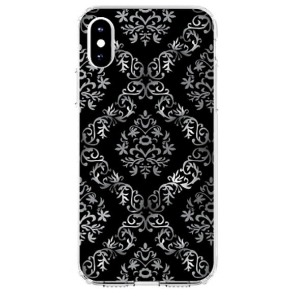 DistinctInk Clear Shockproof Hybrid Case for iPhone XS Max (6.5" Screen) - TPU Bumper, Acrylic Back, Tempered Glass Screen Protector - Black White Silver Grey Damask - Floral Damask Pattern