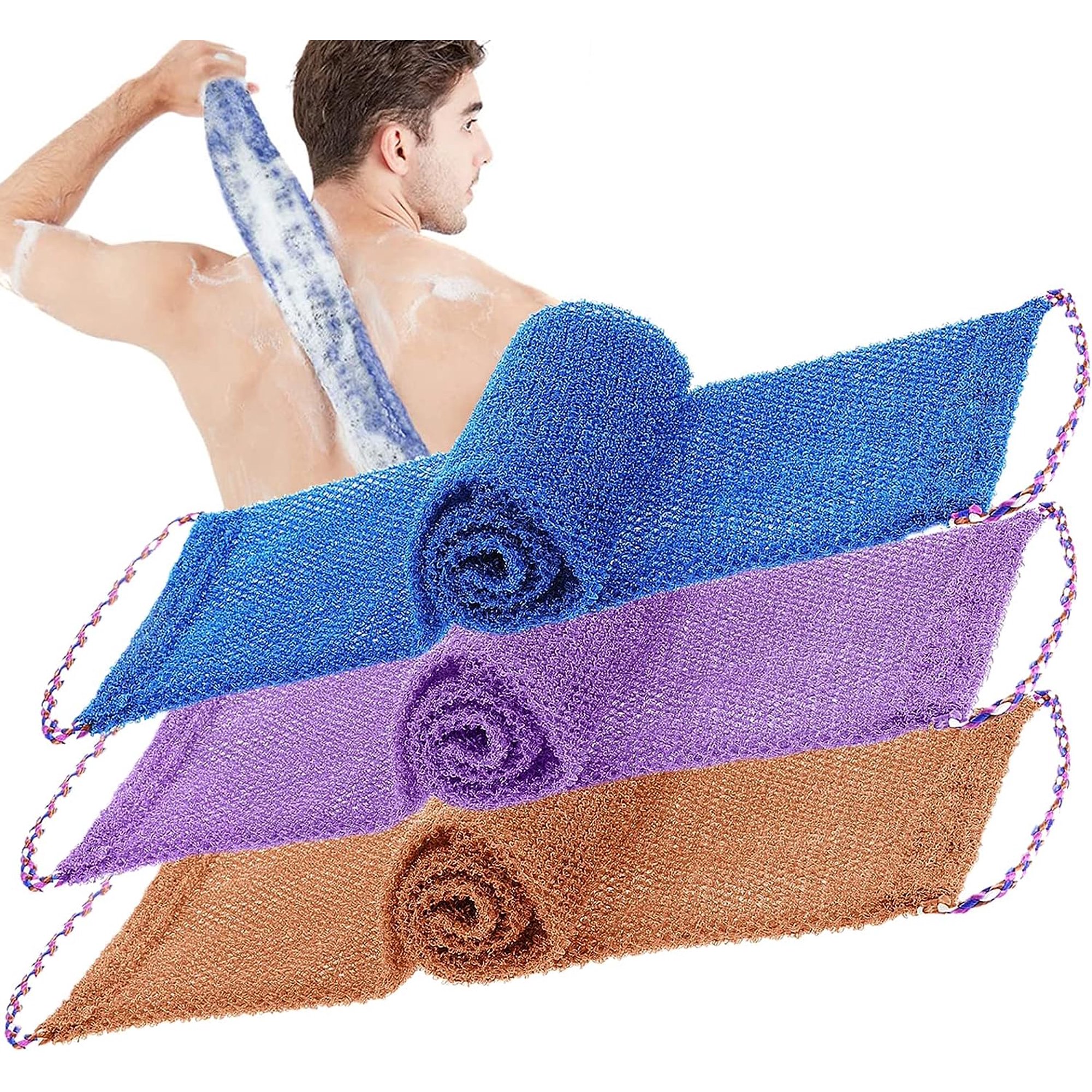 3 Filets De Douche Africain Gommage Corps - Éponge Traditionnelle Noir, Violet, Bleu - Neuf