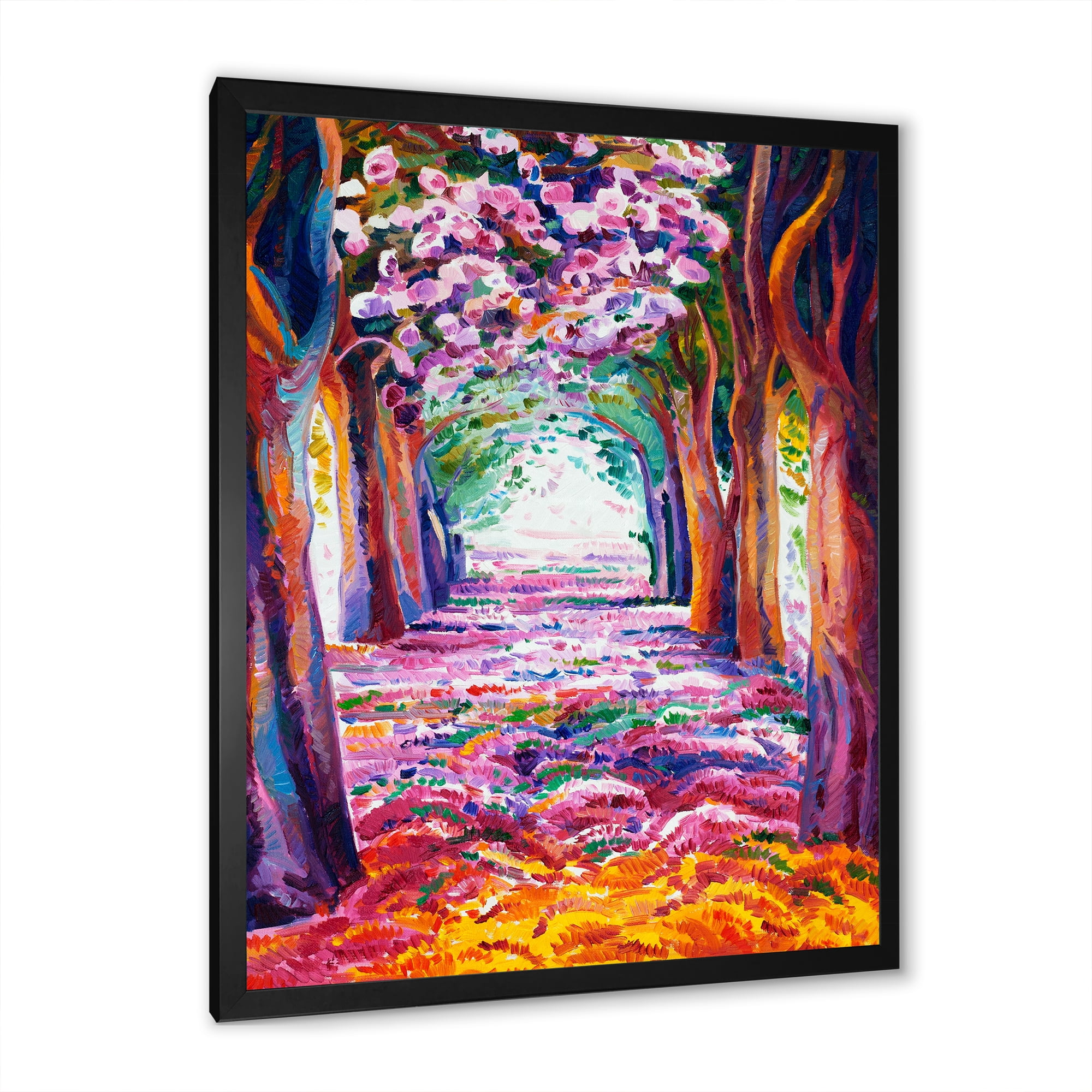 Pink Flowering Colorful Spring Forest 30 in x 40 in Framed Painting Canvas Art Print, by Designart
