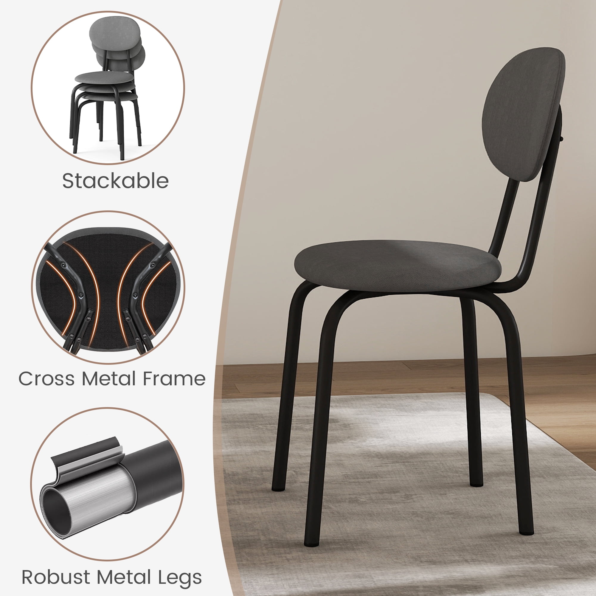 TUAREX Set of 4 Stackable Dining Chairs, Small Modern Stacking Kitchen Chair with Metal Legs for Living Room, Soft Cushion Seat, Space Saving Fabric Kitchen Side Chairs, Grey