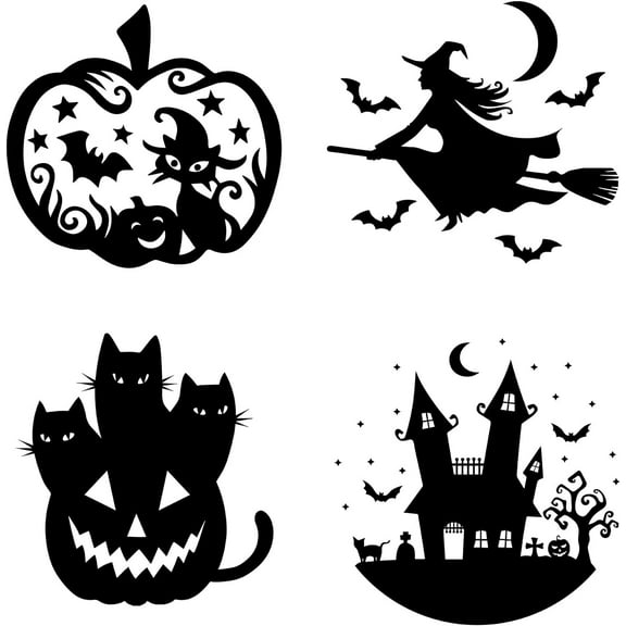 4 Styles Window Clings Pumpkin Castle Witch Black Cat Static Window Decals Stickers Non Adhesive Vinyl Film for Glass Sliding Door Home Bedroom Decor Prevent Birds Strikes black