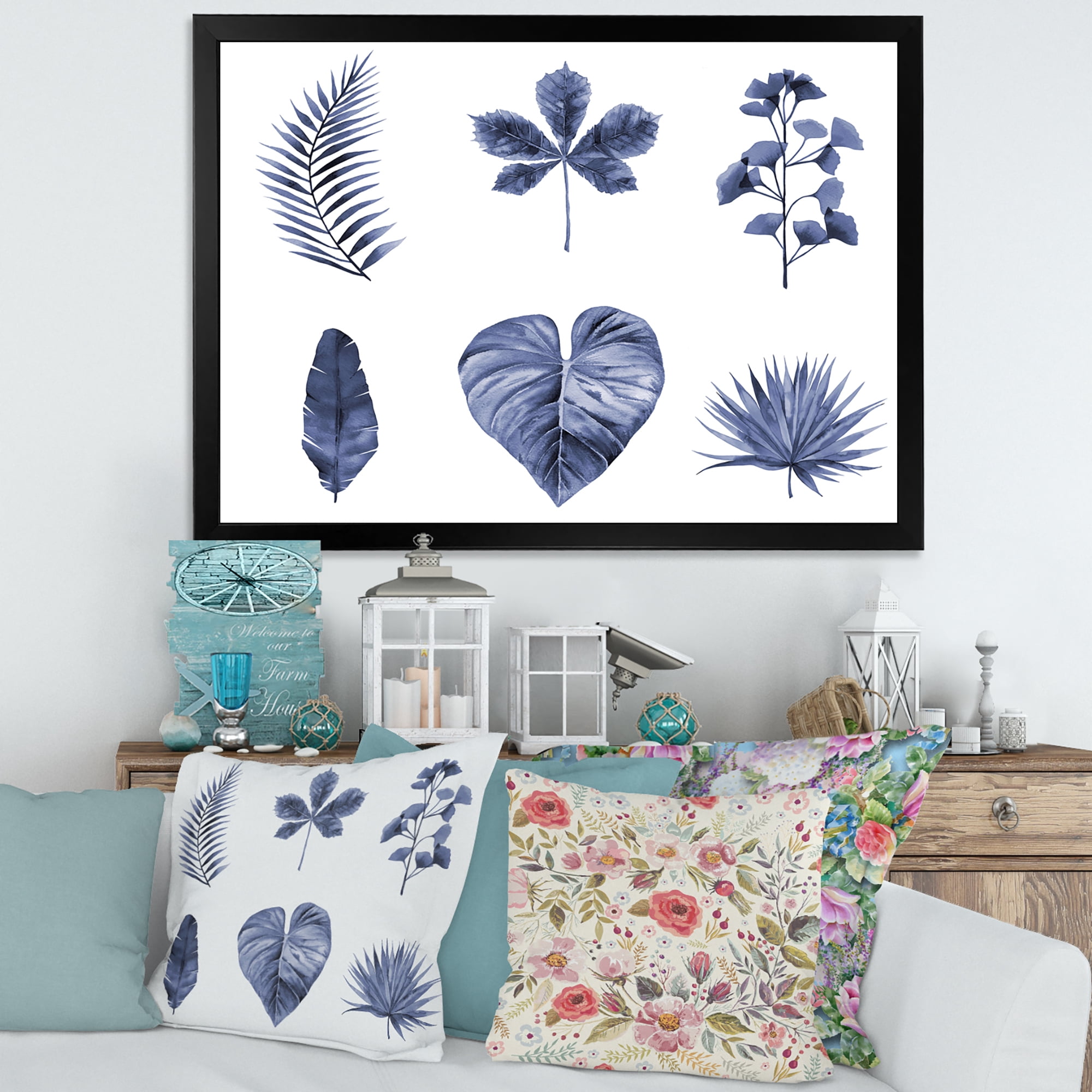 Designart 'Abstract Set Of Plant Leaves Blue' Traditional Framed Art Print