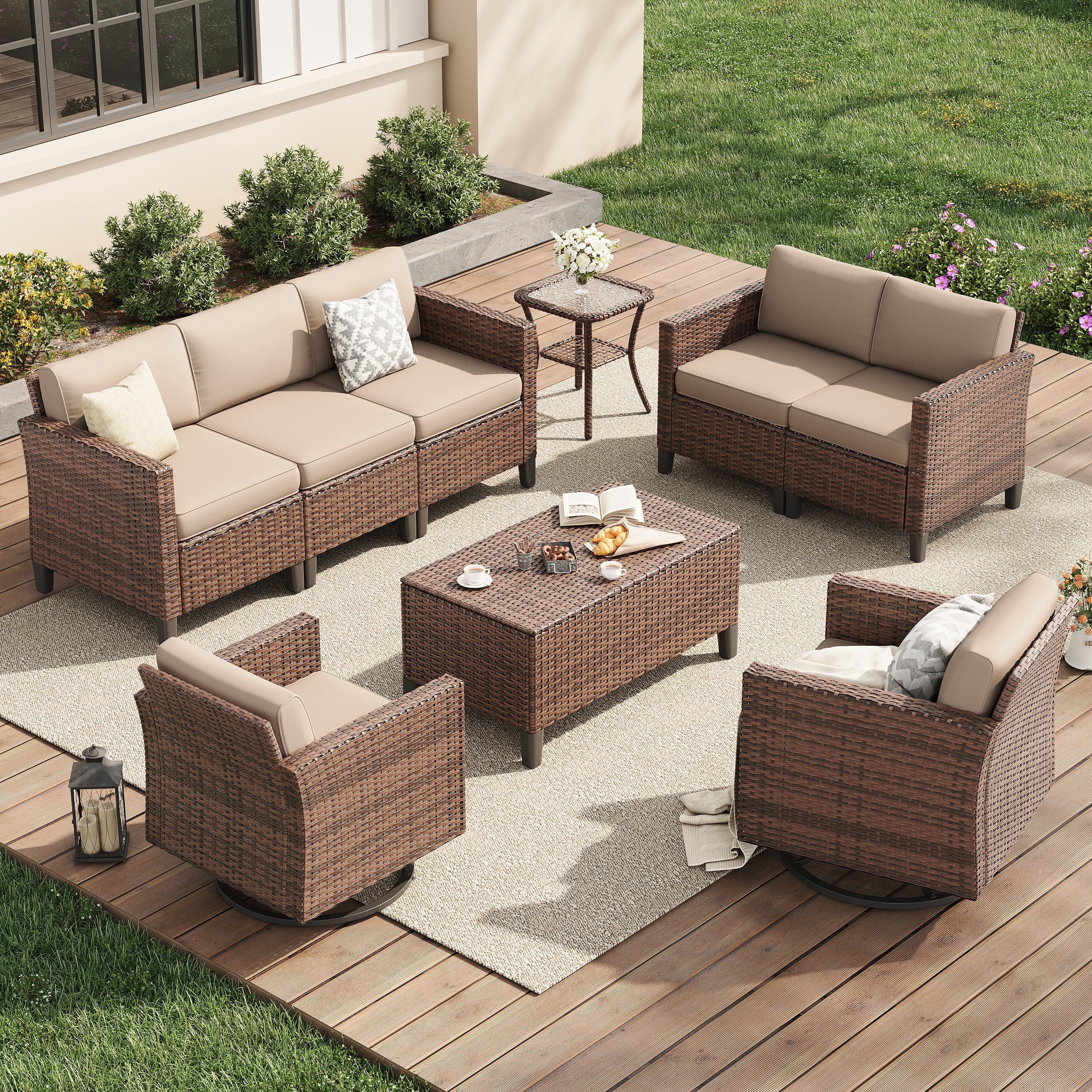 Poteban Outdoor Patio Furniture Set, Rocking Swivel Chair, 9 Pieces Wicker Rattan Sectional Furniture for Backyard (Khaki)
