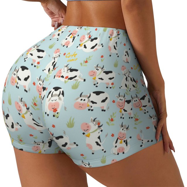 Balery Cute Cows Pantalones cortos de entrenamiento estampados para mujer, sin costuras, ajustados, para gimnasio, yoga, correr, deportes, ejercicio activo, fitness.-Large