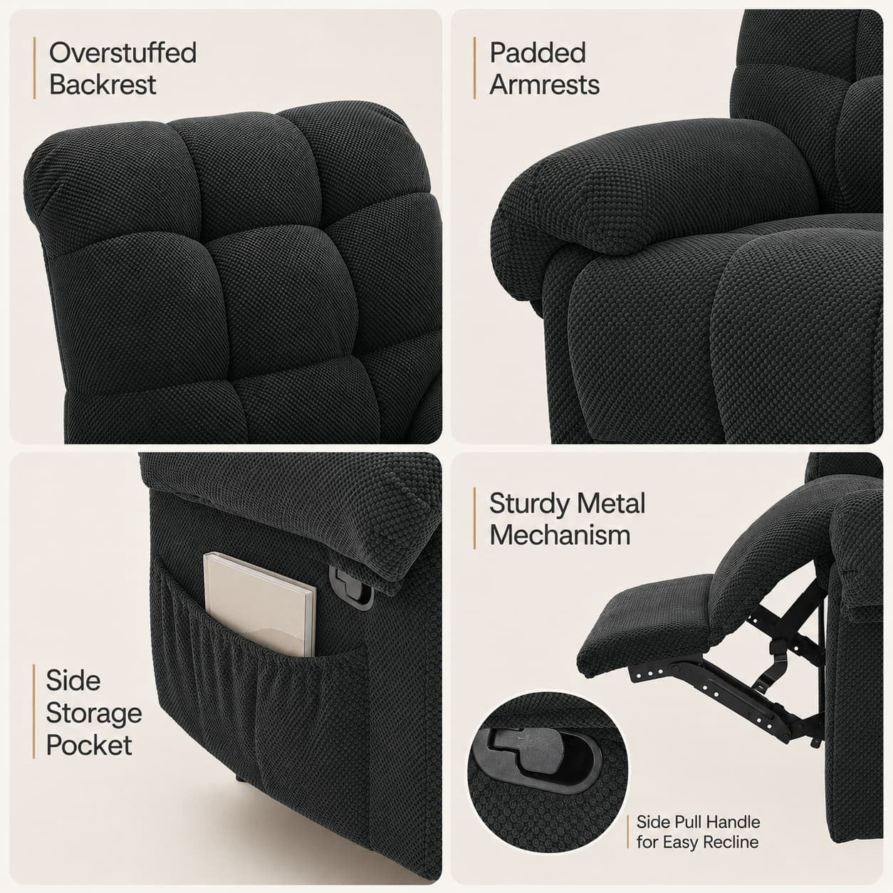 Aukfa Overstuffed Manual Recliner Chair, Upholstered Glider Lounge Armchair with Footrest for Bedroom Reading,Gray