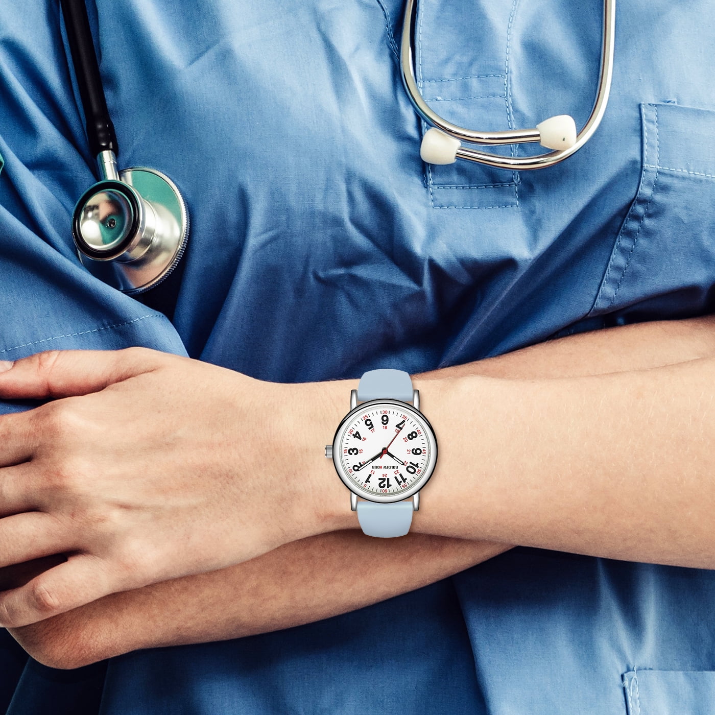 GOLDEN HOUR Waterproof Nurse Watch for Medical Professionals, Students Women Men - Military Time Luminouse Easy Read Dial, 24 Hour with Second Hand, Colorful Silicone Band