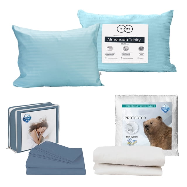 Protector de Colchón Individual + Juego de Sábanas Azul Acero + Almohada Trinity
