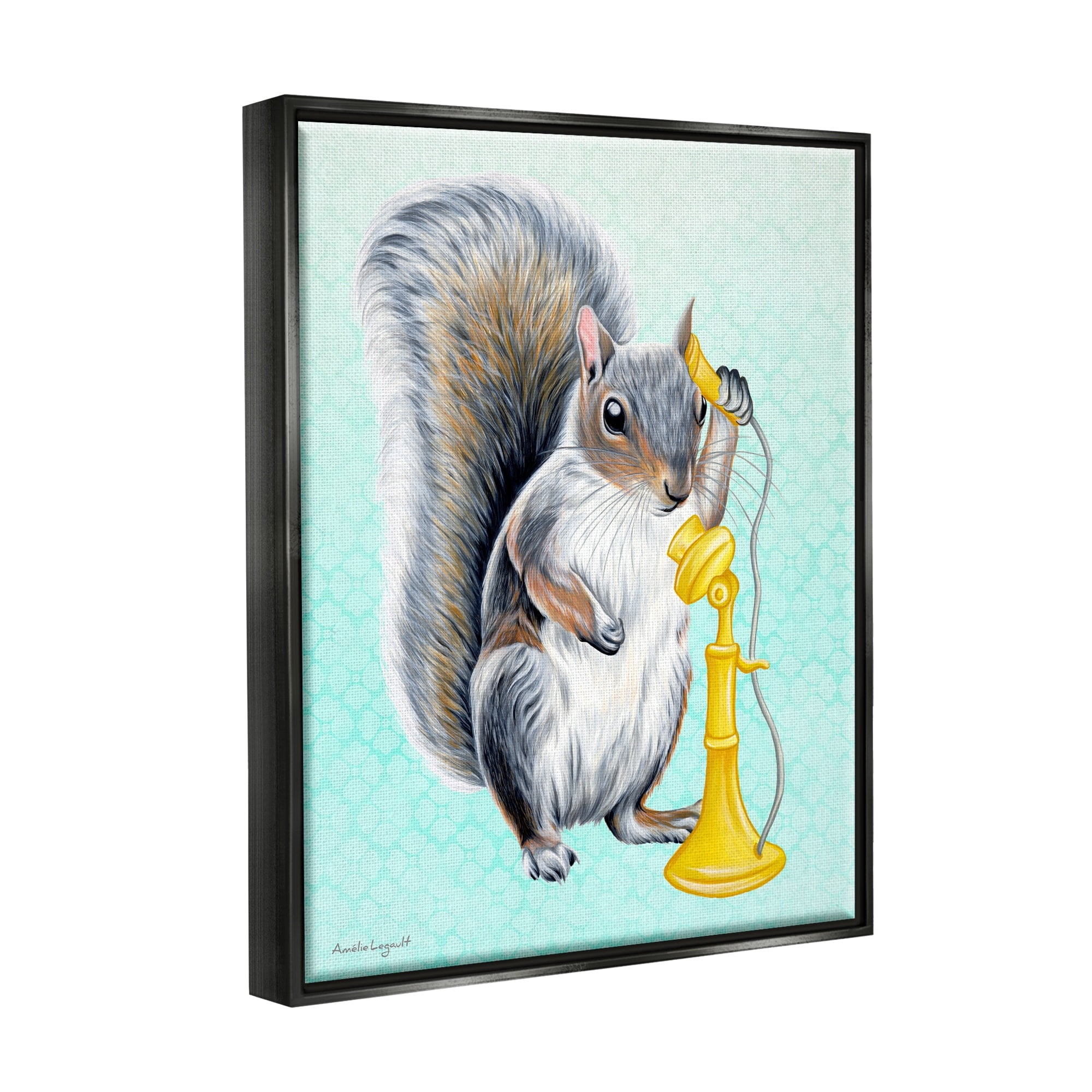 Stupell Industries Squirrel Talking Yellow Candlestick Telephone Patterned Shapes Graphic Art Luster Gray Floating Framed Canvas Print Wall Art, Design by Amelie Legault