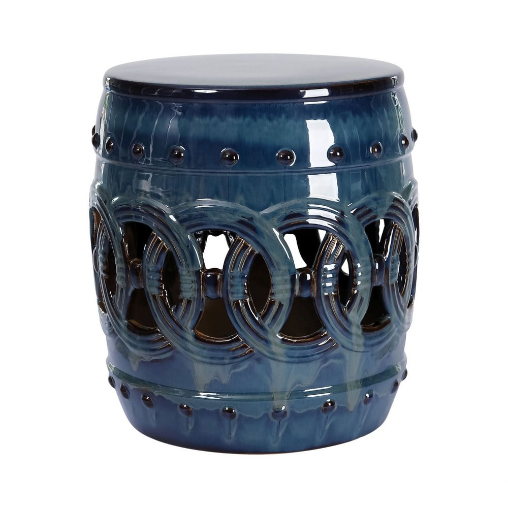 Ceramic Blue Round Drum Stool With Rings Made Of Ceramic In Cerulean