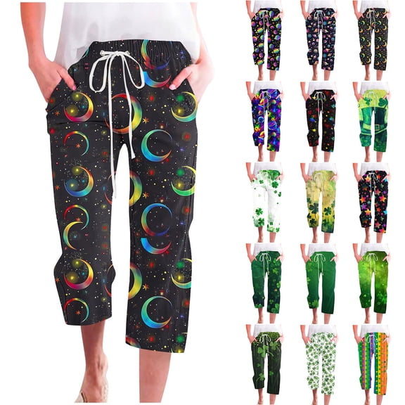 lcziwo Lightning Sale, Women's Planet Galaxy Graphic Print Capri Pants Summer Lightweight Linen Cropped Sweatpants Casual High Waist Drawstring Straight Leg Capris with Pockets Multicolor L