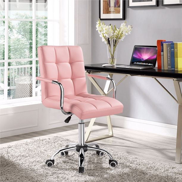 Yaheetech Height Adjustable Mid Back PU Leather Office Chair, Pink