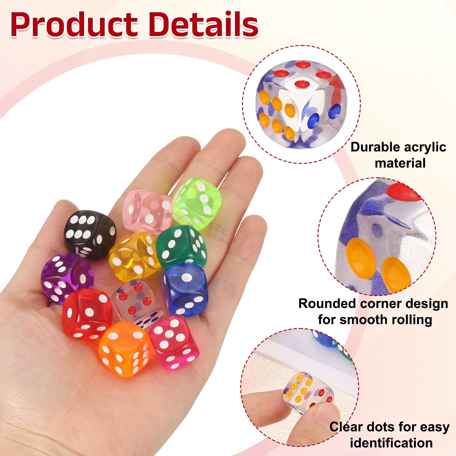 100Pcs Translucent Polyhedral Dice 16mm Square Dice W Rounded Edge, Multicolor