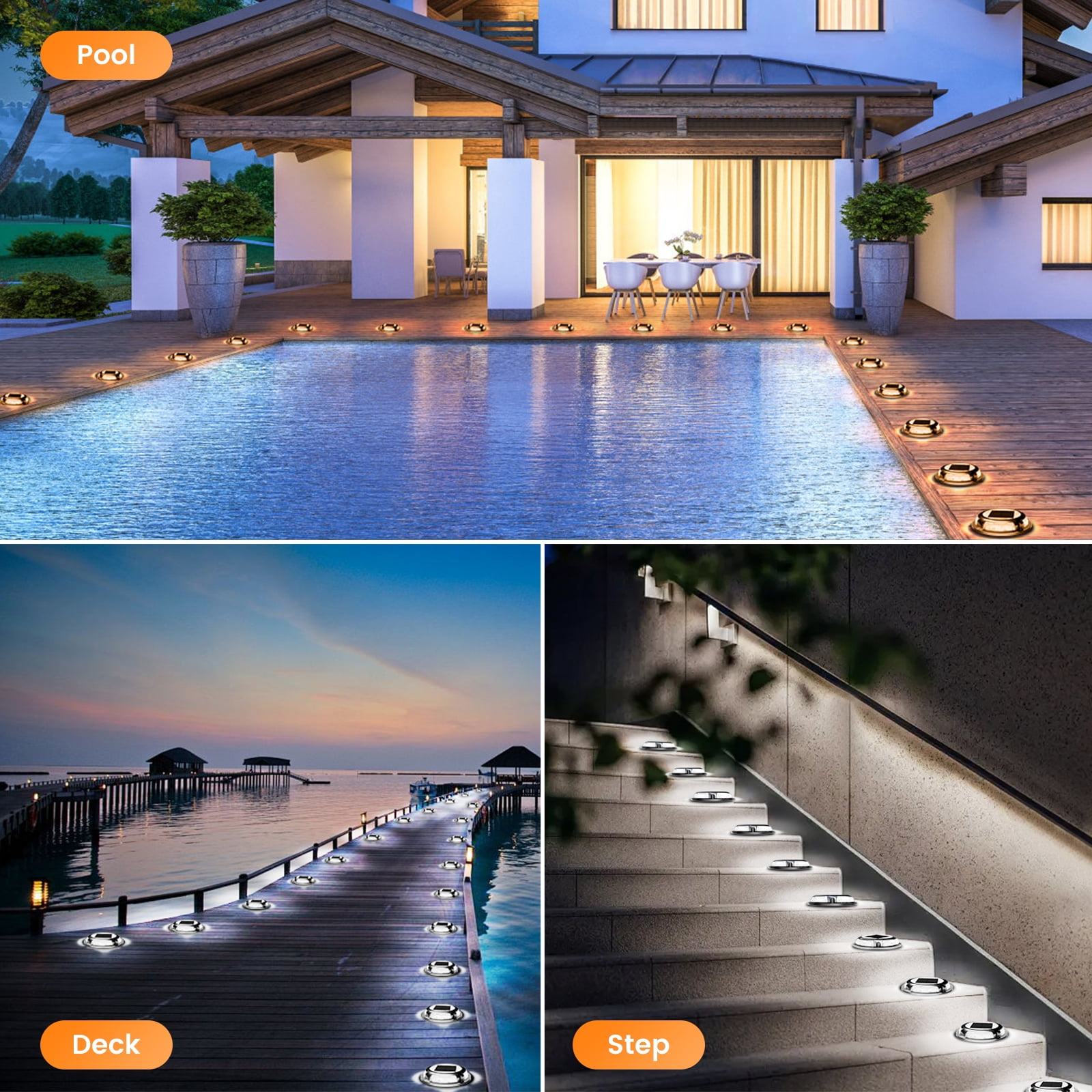 Aship 4 Pack Solar Deck Lights, 2 Colors in 1 Warm+Cool White Solar Lights Outdoor, IP68 Waterproof Dock Lights Step Lights, Aluminum Solar Lights for Garden Driveway Stair Path Walkway