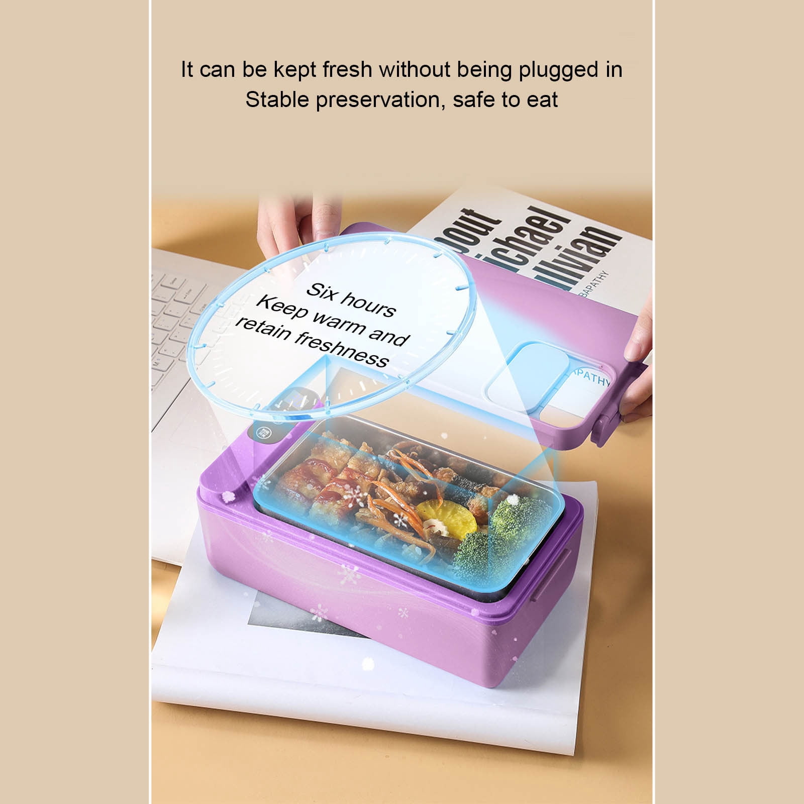 Rechargeable Heated Lunch Box, 1000Ml/33.8Oz Inner Container, Usb Charging, 12000 Mah Battery, Heat Preservation, Stainless Steel, for Car/Truck, Office, Travel (Purple)
