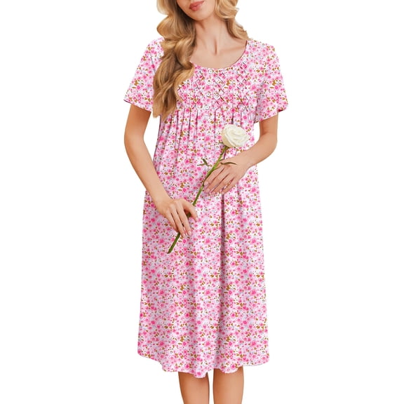Ekouaer Cotton Nightgowns for Women Short Sleeve House Dress Pleated Night Gown Button Sleep Shirt Ladies Nightdress