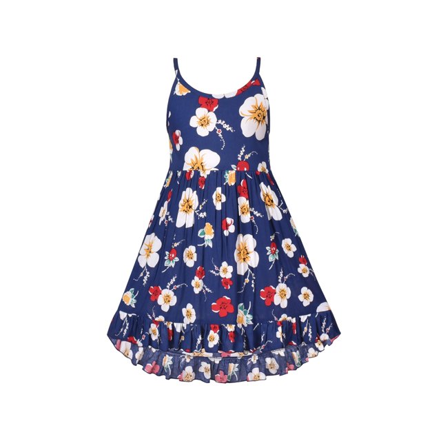 Robe Fille Haute-Basse Bretelles Spaghetti Florale Coton Cool Robe de Plage 5 Ans
