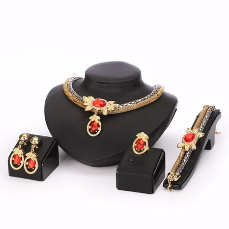 - Moochi 18K Gold Plated Simulated Pearl Beads Red Oval Zircon Necklace Earrings Bracelet Jewelry Set