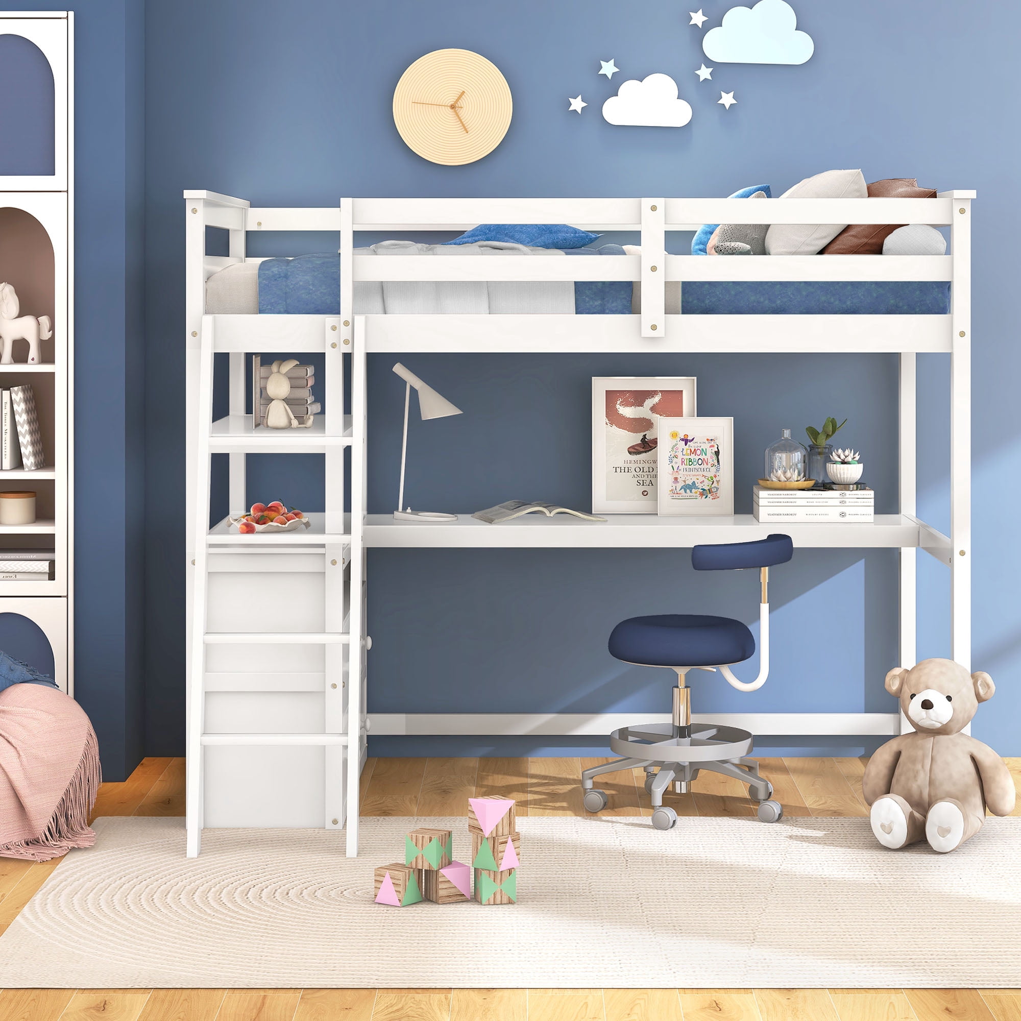 Euroco Twin Loft Bed with Desk for Kids Teens, White