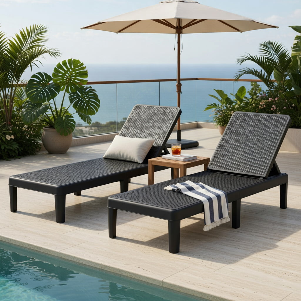 Hommoo Outdoor Chaise Lounge Chair, Adjustable 4-Position Backrest, Waterproof Faux Rattan PP Surface, for Patio, Poolside, or Deck, Black
