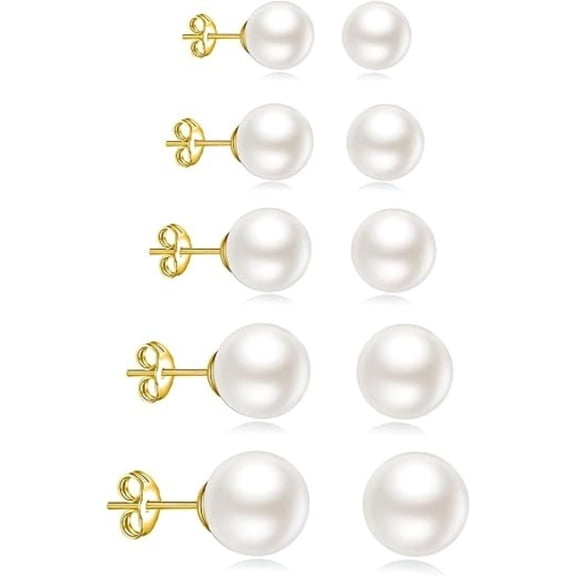 5 Pairs 14K Gold Plated Pearl Stud Earrings - Small Ball Design, Hypoallergenic & Lightweight, Perfect Gift for Women, Mother’s Day/Birthday