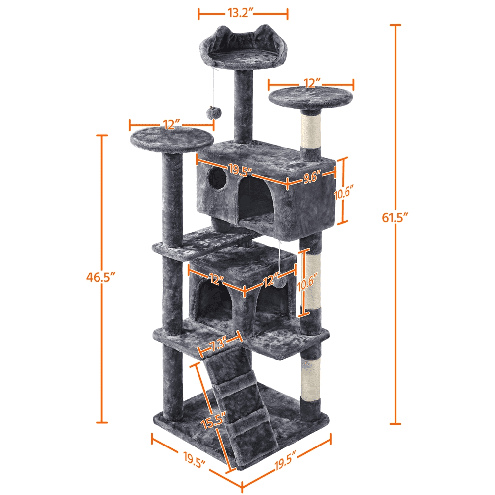 Alden Design 61.5''H Double Condo Cat Tree with Scratching Post Tower, Dark Gray