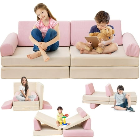 AWQM Modular Kids Play Couch, Nugget Couch Convertible Play Fort Kid Sofa, Multifunctional Instant Rebound Foam Couch, Corduroy Fabric Toddler Couch for Playroom/Bedroom, Kids Furniture, Pink
