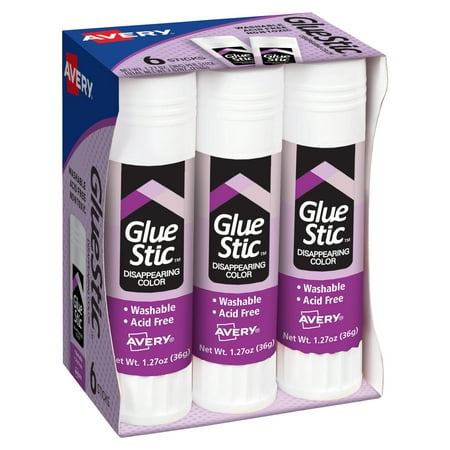 Avery Glue Stic Disappearing Purple Color, Washable, Nontoxic, 1.27 oz., 6 Sticks