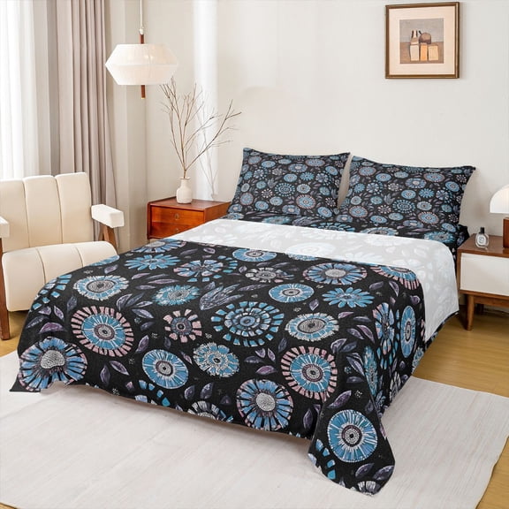 Homewish Western Tribal Floral Twin Sheet Sets, Black Blue Hippie Plant Twin Fitted Sheet, Retro Boho Abstract Flat Sheet, Lightweight Room Decor, 3-Piece