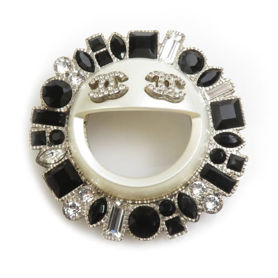 Pre-Owned CHANEL Coco Mark Metal Brooch with Rhinestones in Silver and Black, Women's, Free...