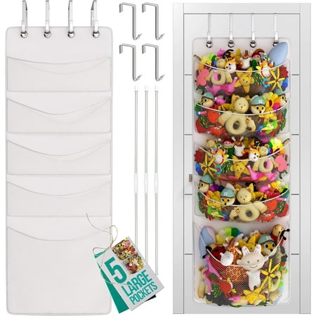 The Original 5-Pocket Over the Door Stuffed Animal Storage Organizer, Perfect for Bedroom Decor, Net, Toy, Barbie, Hanging, Pet, Animals, Holder, Ideas, Stuffie, Stuffed Animal Hammock Corner Solution