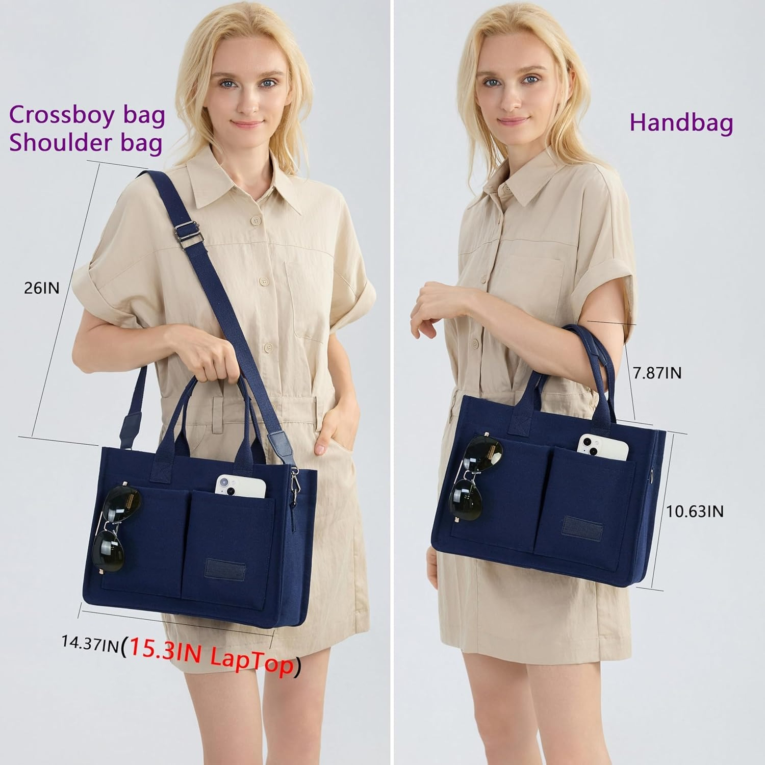 Tote Bag for Women With Compartments,Large Canvas Totes Women's Purse Crossbody Bags Work Laptop Book Bag Shoulder Handbags Blue