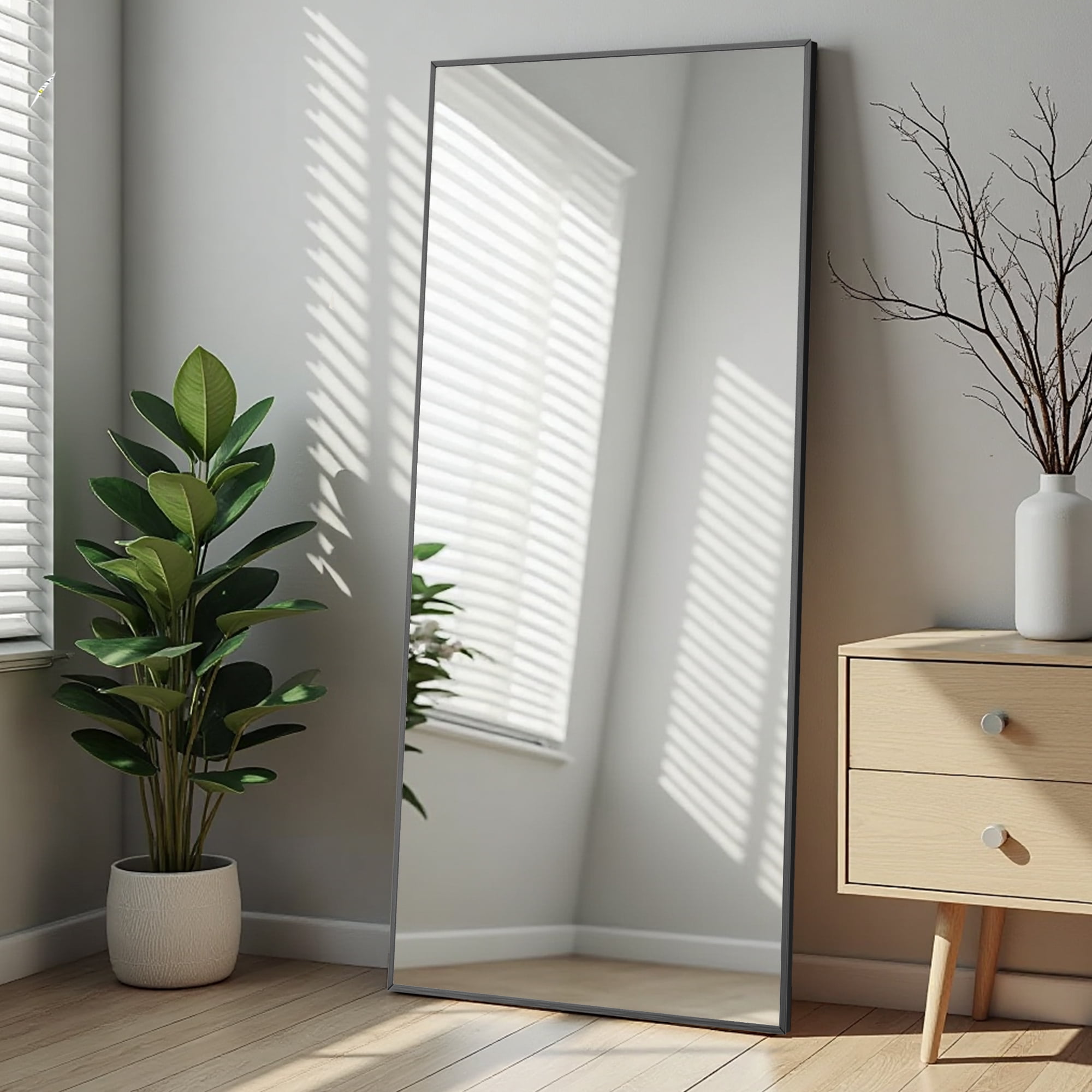 MAYEERTY 71*32*0.5in Full Body Mirror for Bedroom, Aluminum Frame, Right-Angle Rect with Stand, Black