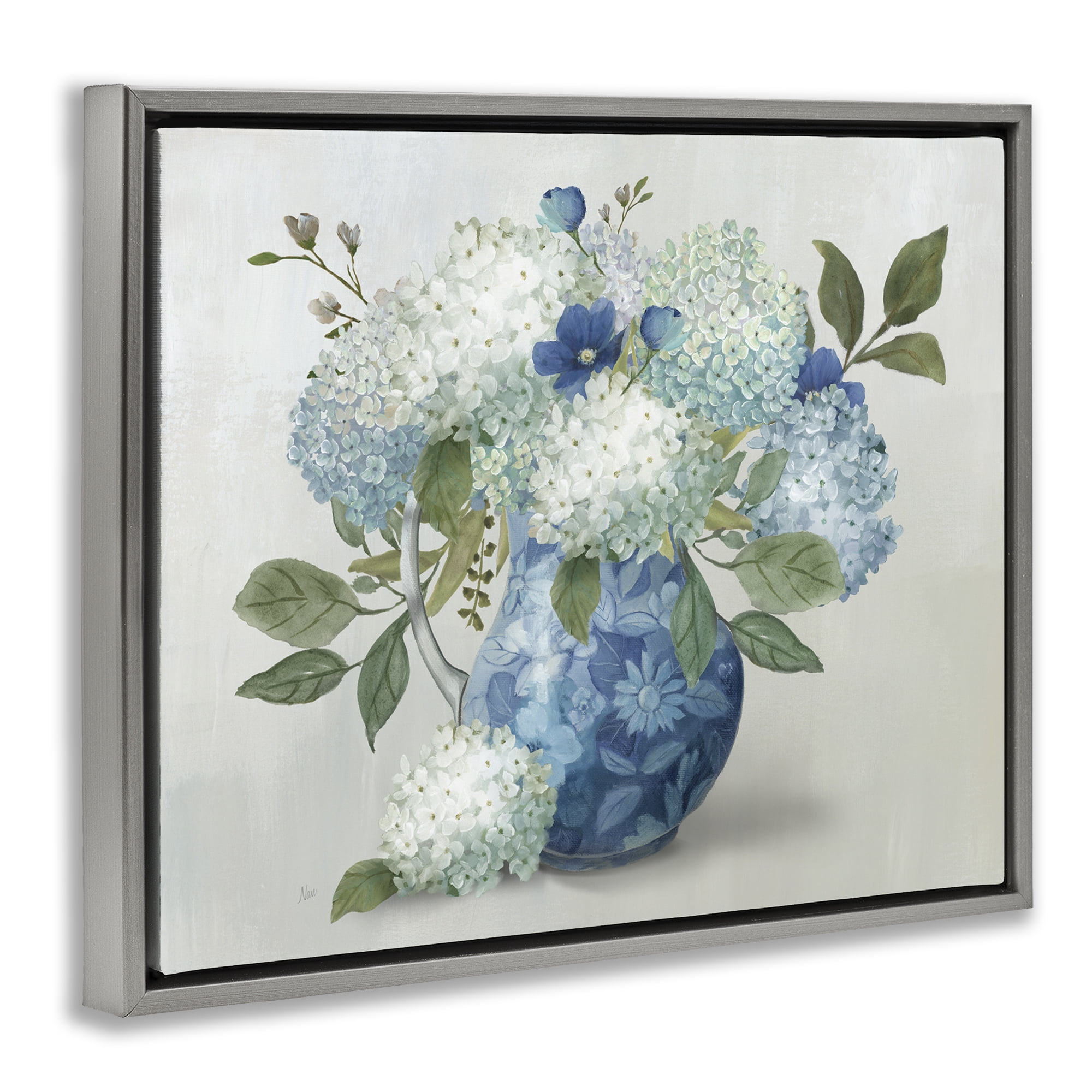 Stupell Industries Ornate Vase with Hydrangeas Gray Framed Floater Canvas Wall Art, design by Nan