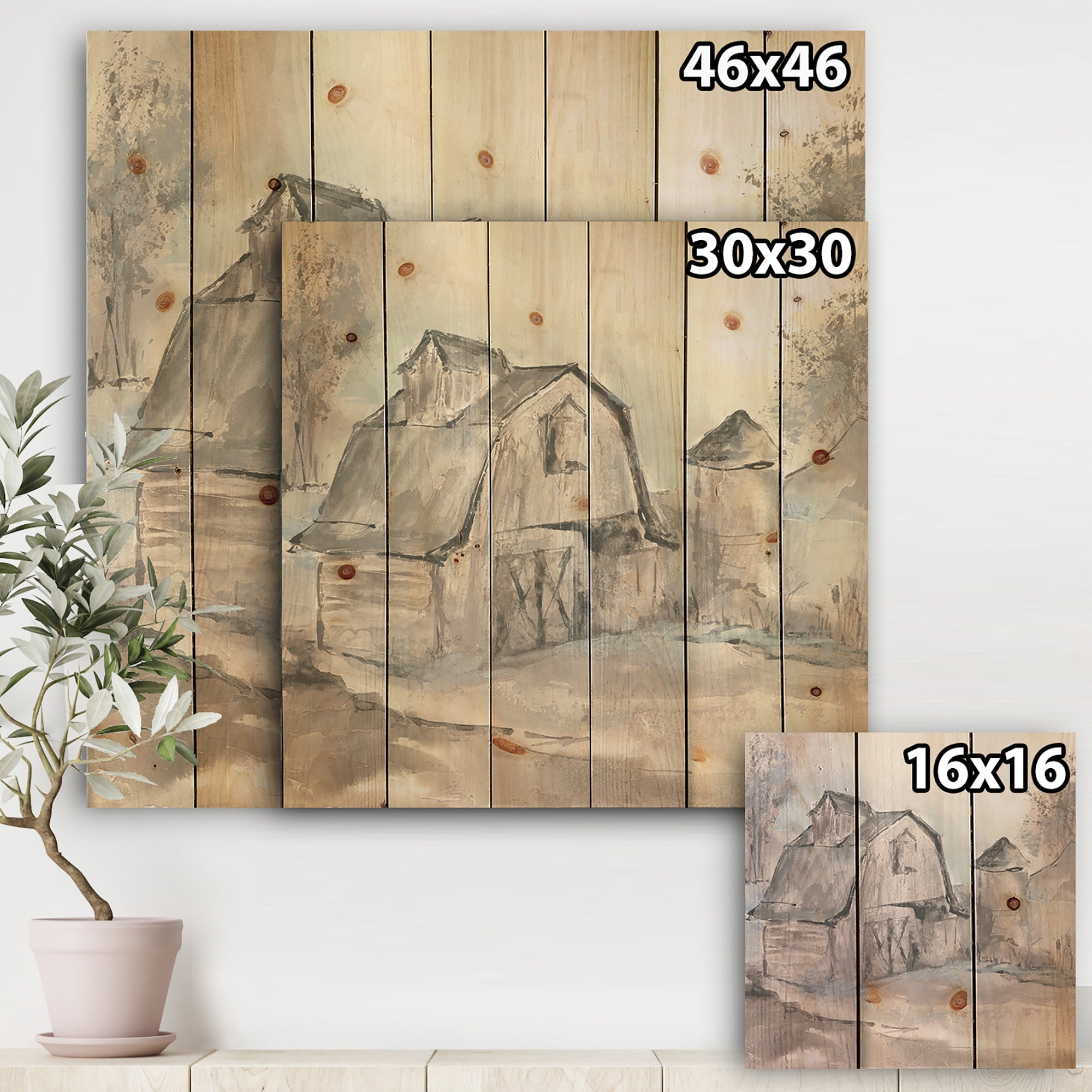 Designart 'Farmhouse Barn Grey V' Modern Farmhouse Print on Natural Pine Wood