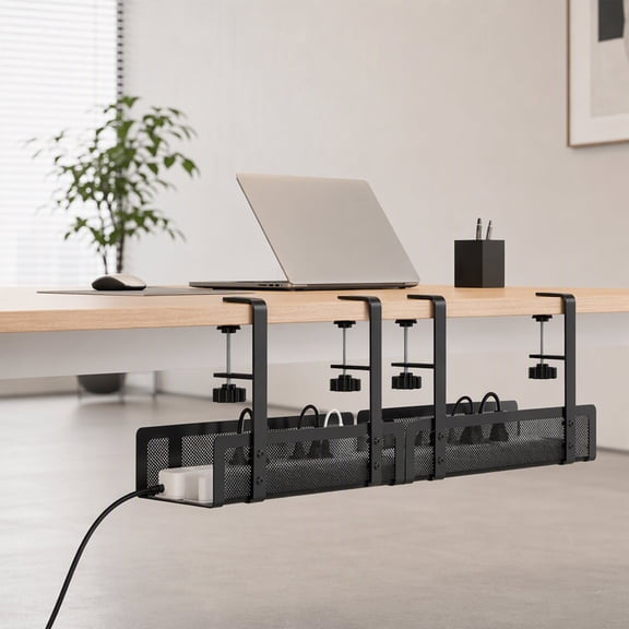 2 Pack Cable Management Box Under Desk No Drill Cable Organizer Tray with Clamp for Office Home