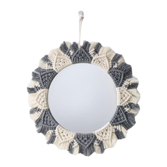 Espejo de pared colgante de macramé, elegante espejo decorativo redondo hecho a mano para la entrada, Gris blanco