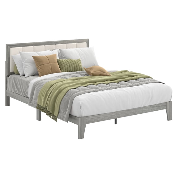 Queen Bed Frame with Headboard, Gray Upholstered Platform Bed Frame, Wooden Slats, No Box Spring, Easy Assembly, Modern Bedroom Furniture