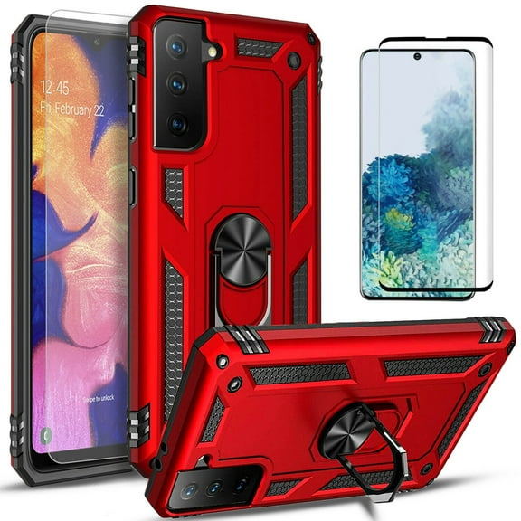 Samsung Galaxy S21 Case, With [Tempered Glass Screen Protector Included], STARSHOP Drop Protection Ring Kickstand Cover- Red