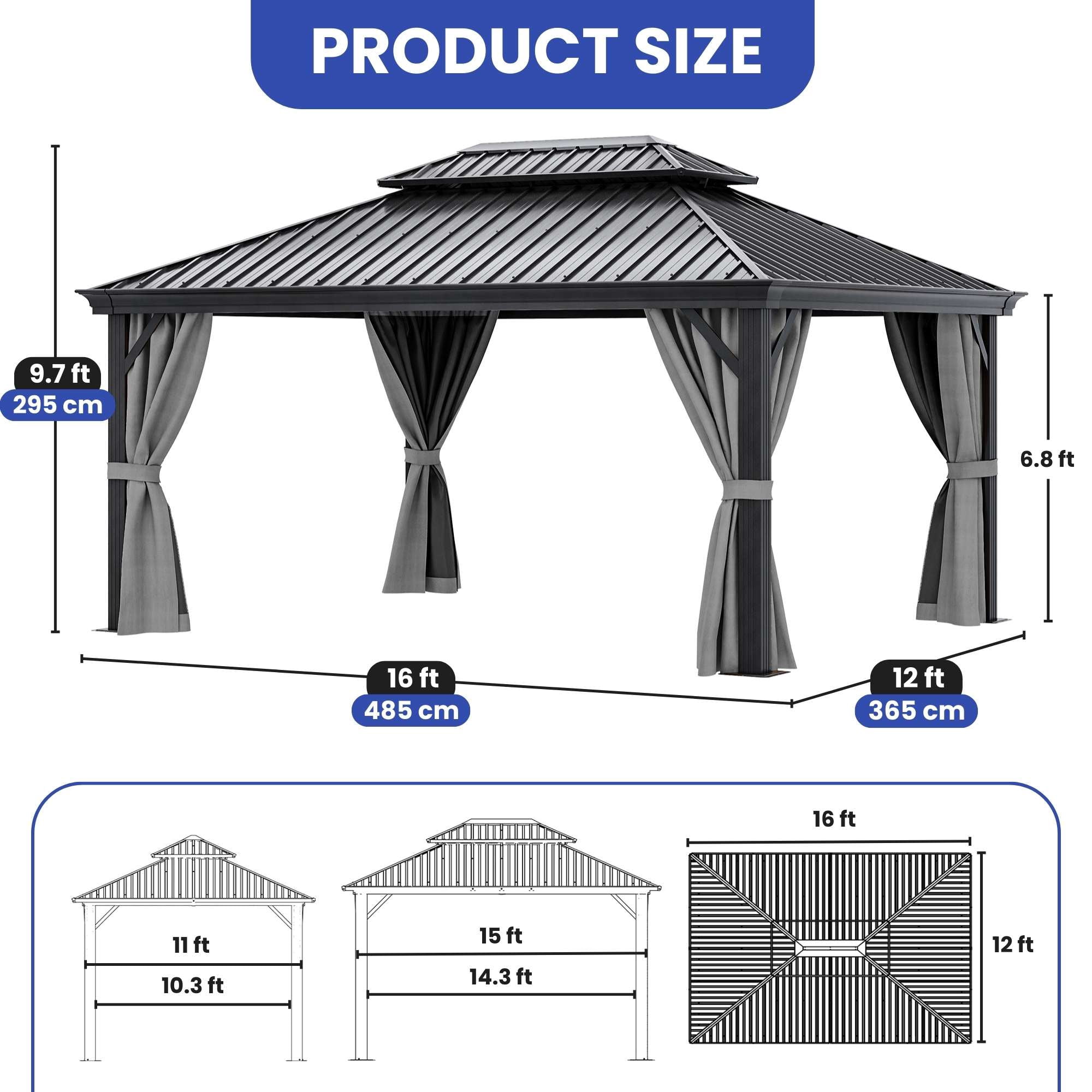 Dextrus 12' x 16' Large Outdoor Hardtop Gazebo with Netting & Curtains, Heavy Duty Double Roof Galvanized Steel Garden Tent for Patio, Backyard, Black&Gray