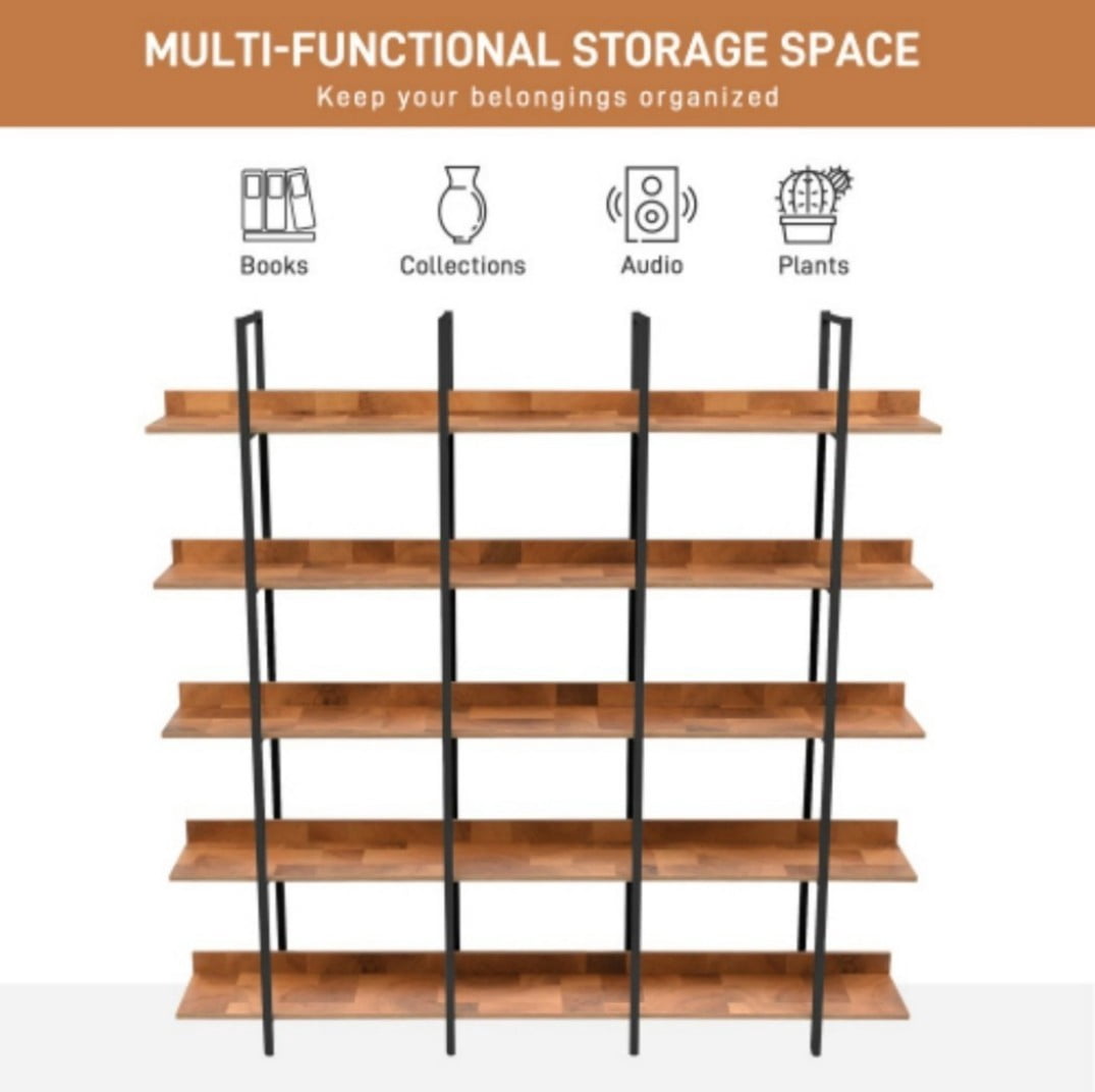 5-Tier Industrial Bookcase, Vintage Open Bookshelf with Metal Frame & MDF Shelves, 80 Lbs Per Shelf, Freestanding Display Storage Rack for Living Room & Home Office, Black+Brown