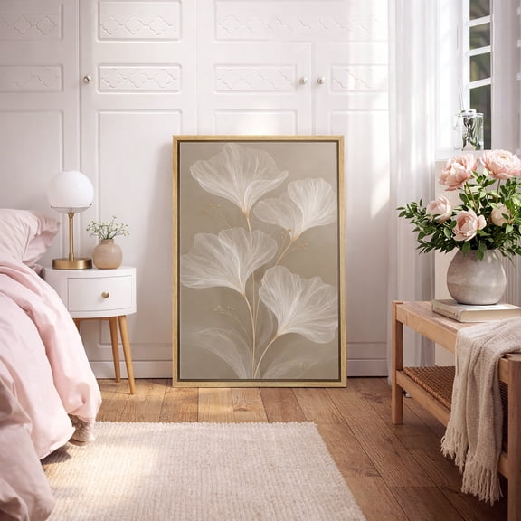 Framed Canvas Print Minimalist White Ginkgo Leaves Botanical Wall Art Neutral Modern Nature Decorative for Living Room Bedroom - 16"x24" NATURAL