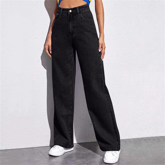 Girl's Cute Baggy Wide Leg Jeans Elastic High Waisted Denim Pants Bottoms With Pockets