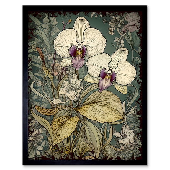 William Morris Style White and Purple Orchid Art Print Framed Poster Wall Decor 12x16 inch