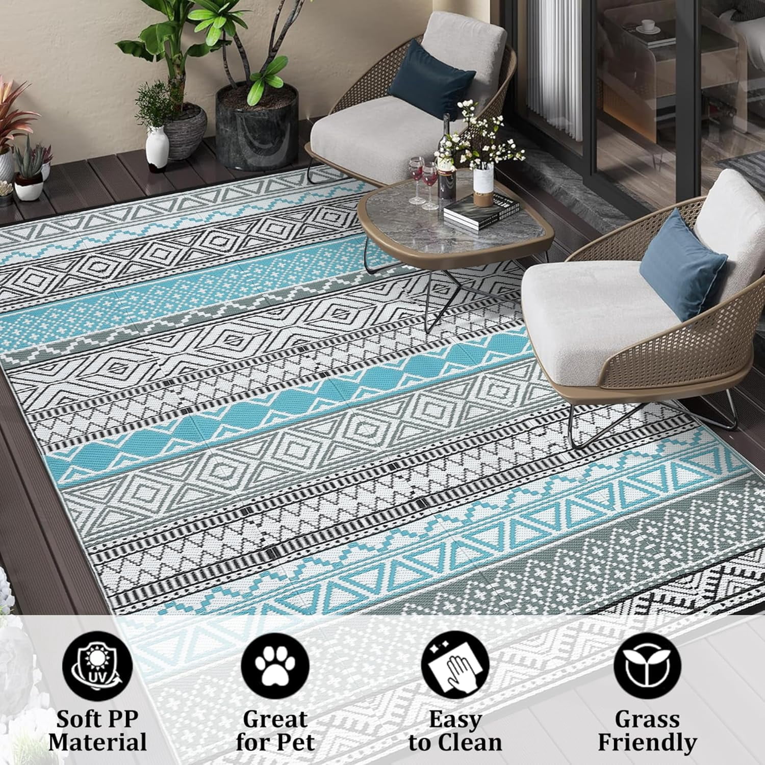 Twister.CK 9' x 18' Plastic Outdoor Rugs, Waterproof Bohemia Straw Rug Reversible Outside Carpet for Patio Deck Porch Backyard Camping Picnic Beach, Blue & Gray