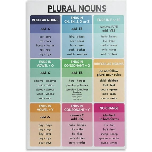 Funny Metal Tin Sign Plural Nouns Poster Grammar Chart For Classroom Wall Decor School Educational Poster Student Study Guide Plaques For Home Wall Decor Signes Metal Sign Plaque,,8×12 inch